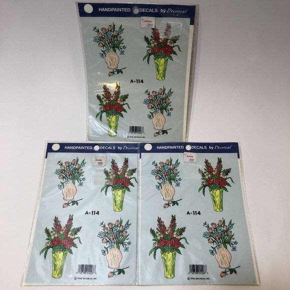 VTG Decals by Decoral Hand painted Flowers Vases A-114 Colorful MCM - Picture 1 of 5